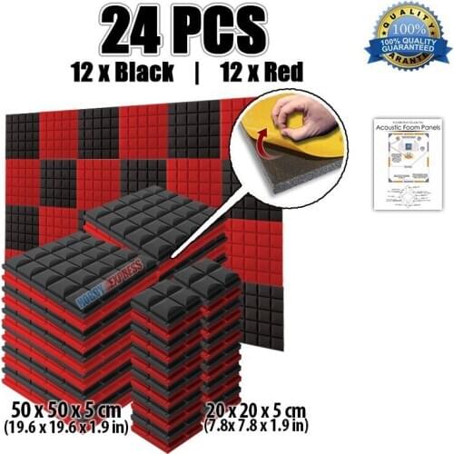 Arrowzoom Soundproofing Foam Panel Hemisphere Grid Adhesive Acoustic Studio Tiles Red and Black 24 pcs KK1056