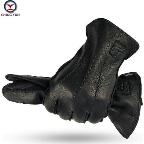 CHING YUN Winter Man Deer Skin Leather Gloves Buckskin Male Warm Soft Mens Black Wave pattern Mittens 70% Wool Lining-WZ02