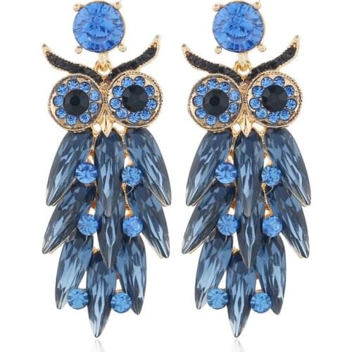 Pendant earrings, jewelry earrings, ladies' elegant big brand earrings, retro and exaggerated blue Rhinestone owl earrings