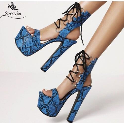 SGESVIER 2021 Summer NEW Style Sexy 16CM High Heels Pumps Sandals Platform Cross-tied Gladiator Party Print Women Shoes Size 46