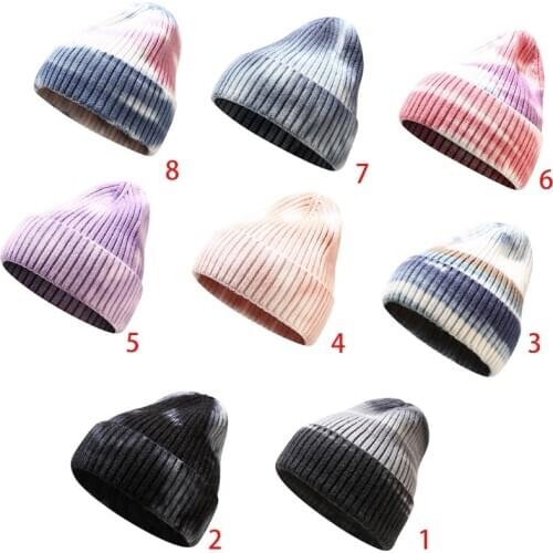 Unisex Winter Warm Ribbed Knit Beanies Hat Gradient Tie-Dye Harajuku Hip Hop Outdoor Sport Ski Stretch Cuffed Skull Cap