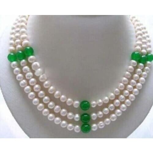 Fine jewelry New 3 Rows Genuine 7-8 MM Pearls jades wedding/Party/Ball/Gift necklaces free shipping