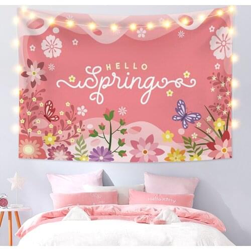 Hello Spring Flowers Pink Background Wall Hanging Creative Plant Tapestry Living Room Bedroom Photography Decorative Tapestry