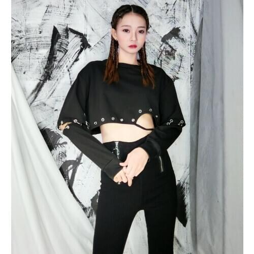 Punk Metal Ring T-shirt Women Fashion New Pullover Patchwork 2020 Spring New Black Crop Tee Basic Hiphop Tshirts LT072S30