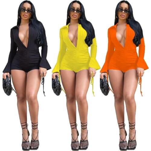 Sexy Deep V Neck Flare Sleeve Lace Up Body Playsuit Women Solid Turn Down Collar Drawstring Ruched Shorts Jumpsuit Women Romper