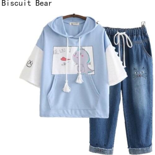 Women Two Piece Set Dinosaur Print Harakuju T Shirt and Elastic Waist Embroidery Denim Pants Set Kawaii Sweet Summer Sets Outfit