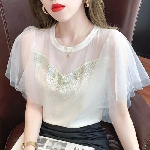 2021 spring and summer temperament new womens fashion mesh ruffled short-sleeved mesh gauze hollow diamond casual top