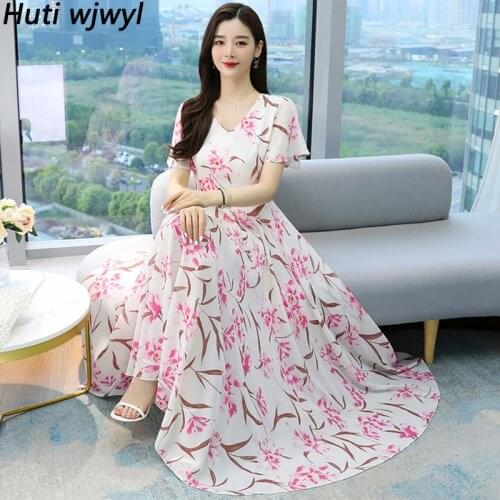 Summer Floral Chiffon Boho Beach Vacation Sundress Women Vintage 4XL Plus Size Casual Maxi Dress 2021 New Bodycon Party Vestidos
