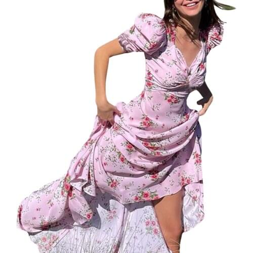 Female Long Dress Summer Flower Print V-Neck Short Puff Sleeve for Ladies S/M/L/XL