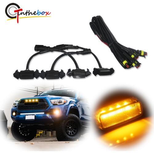 4pcs Smoked Lens Amber LED Front Grille Light assemblies with Wiring Harness Kit For 16-up Toyota Tacoma w/TRD Pro Grill 12V