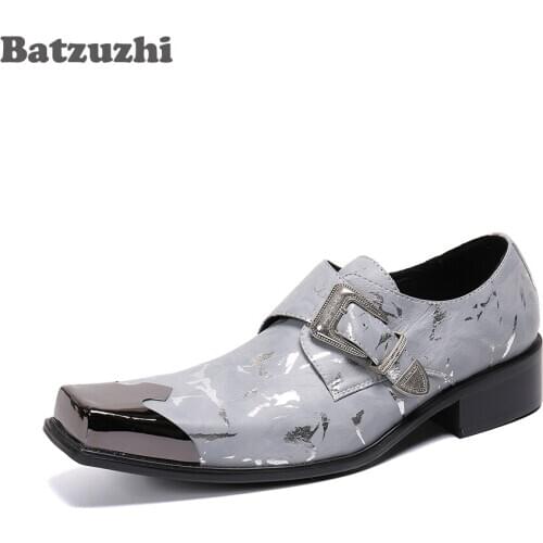 Batzuzhi Square Metal Tip Genuine Leather Shoes Men Personality Mens Leather Dress Shoes Chaussures Hommes, Sizes EU38-46