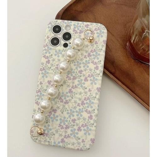 GIMFUN Fashion Pearl Wristband Cute Floral Phone Case for iPhone 11 12 Pro Max XS X XR 7 8 Plus Glitter Chain Soft Tpu Case