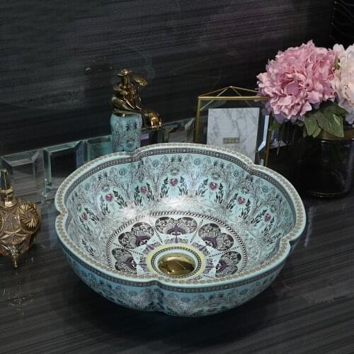 Flower Shape Blue Glazed Ceramic Vessel Sink Wash Basin Bowl For Bathroom Bar Hotel