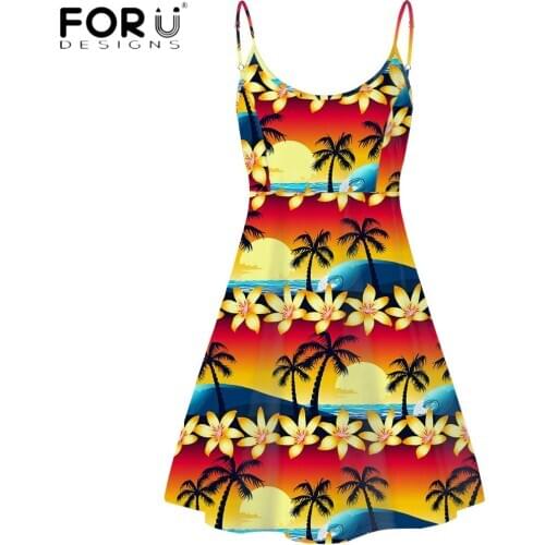 FORUDESIGNS Hawaiian Tropical Plumeria Printing Fashion Women Summer Casual String Dress Female Comfort Sleeveless Vestidos