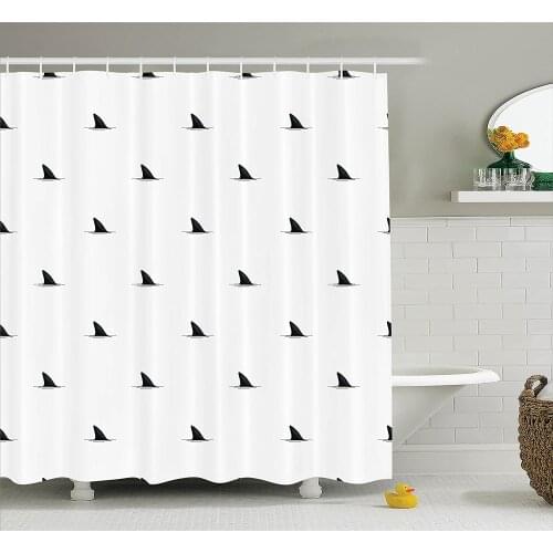 Sea Animals Decor Shower Curtains Pattern of Shark Fins Speedy Fish Hunting Minimalistic Design Art Print Bathroom Curtain Mat