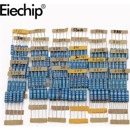 150pcs 2W 1/2W 1% Metal Film Resistor 30 Value of Resistors Set ,0.1 Ohm -750 Ohm 1K-820K Resistor Assorted DIY Assortment Kit