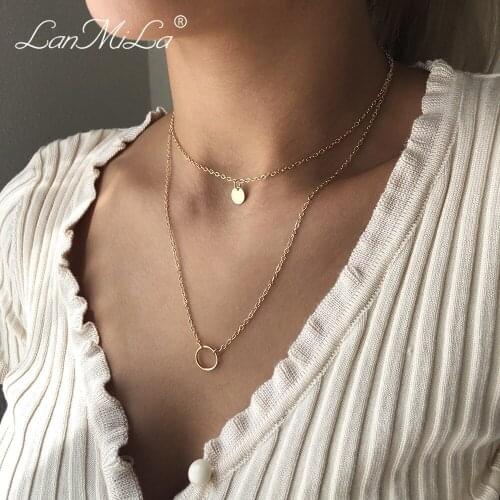 New 2021 Fashion Minimalist Gold Metal Geometric Round Pendant Layered Clavicle Short chain O-chain Necklace For Women Jewelry