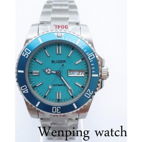 New BLIGER 40mm Mens Luxury Mechanical Sterile Watch Sapphire Glass Sky Blue Dial Date Calendar NH36A Movement Automatic