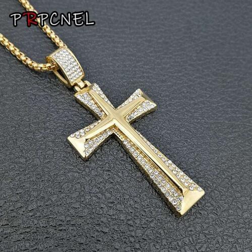 New hot sale Iced Out Cross Necklace Gold color with Filled Zircons Large Crucifix Pendant Necklace Mens Cool Jewelry