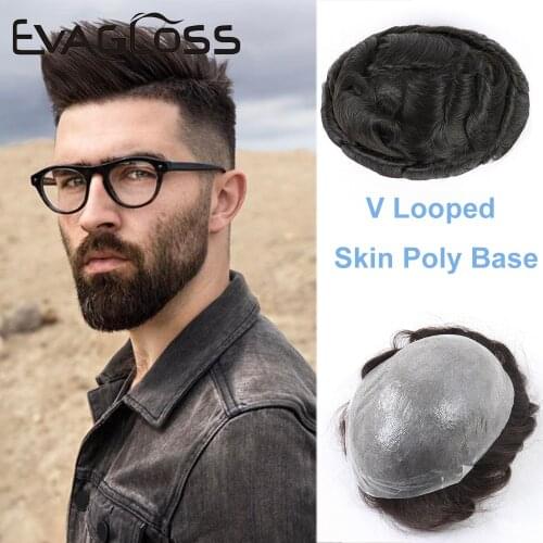 Poly V Loop Mens Wig Transparent Skin Base PU Men Toupee Capillary Prosthesis Hair Pieces Unit Hair Replacement System For Male