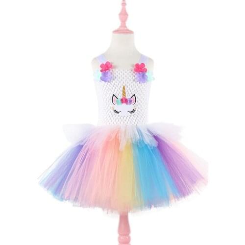 New Girls Rainbow Tutu Dress for Kids Embroidery Ball Gown Baby Girl Princess Birthday Dresses Party Halloween Cosplay Costumes