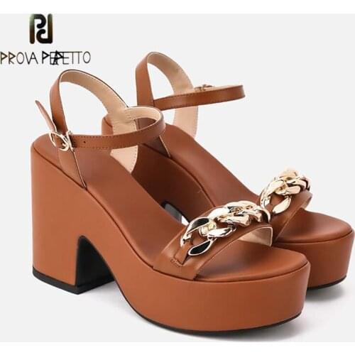 Metal Chain Thick Heel Brown Roman Sandals 2021 Summer Genuine Leather Thick Sole 10.5cm Super High Heel Sandals