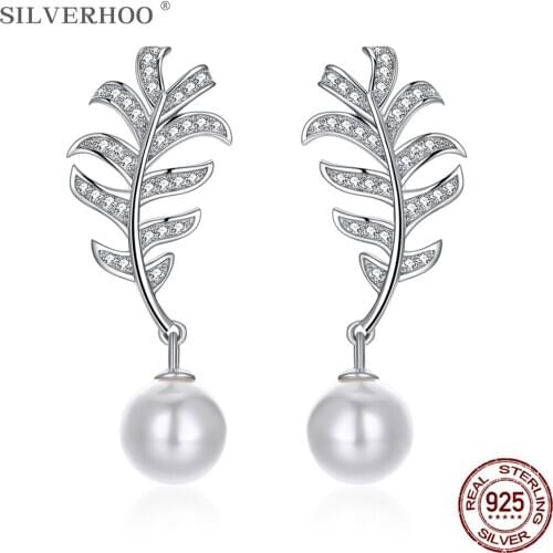 SILVERHOO 925 Silver Stud Earrings For Women Austria Crystal Pearl Exquisite Leaf Earrings Fashion Jewelry Girls Birthday Gifts