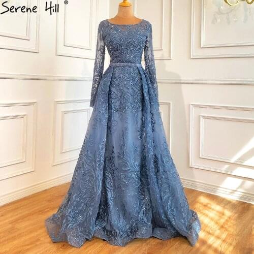 Serene Hill Blue Luxury Beaded Evening Gown Mermaid With Train 2021 Modest O-Neck For Muslim Women Formal Party Dress CLA70834