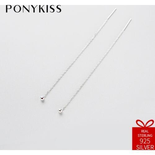 PONYKISS Trendy S925 Sterling Silver Chic Fine Tassel Simple Round Dangle Drop Earrings Women Party Charm Acceaaories Gift