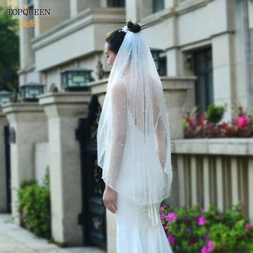 TOPQUEEN V06 Bridal Veils Beaded Wedding Veil Elbow Length Veil Pearls Beaded Pencil Edge Bridal Veil with Comb Brides 2021