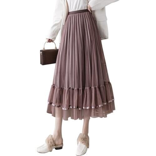 2020 New Autumn Winter Women Skirt High Quality Mesh Velvet Patchwork Pleated Skirt Elegant Elastic High Waist Slim Long Skirt