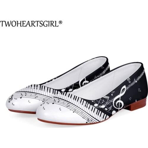 Twoheartsgirl Casual Slip-on Shoes Black and White Music Note Print PU Flats Office Work Boat Shoes for Women Leather Loafers