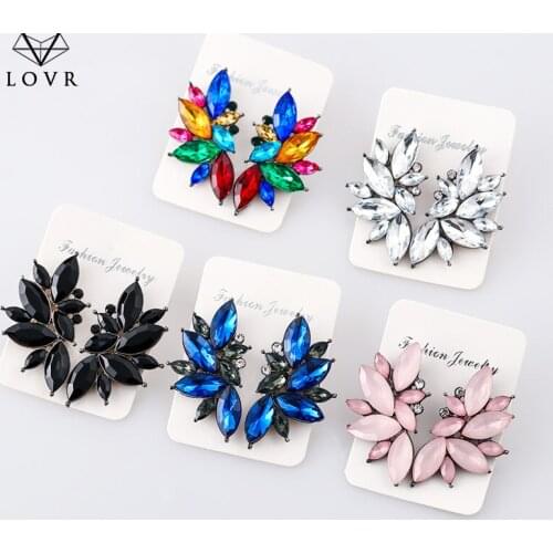 LOVR 2019 New Womens Fashion Crystal Stud Vintage Rhinestone Multicolor Glass Earrings for Women Resin Metal Leaf Ear Jewelry