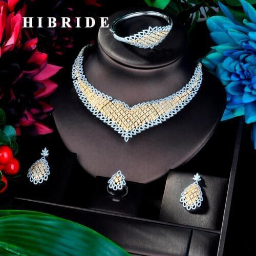 HIBRIDE Fashion Women Pendant Double Tone Bangle Jewelry Set CZ Earrings Necklace Women Bridal Jewelry Set Party Gifts N-911