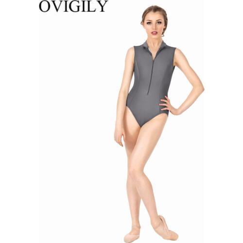 OVIGILY Gray Women Tank Gymnastics Leotard Zip Front Lycra Turtleneck Sleeveless Dance Leotards Spandex Ballet Leotard Costumes