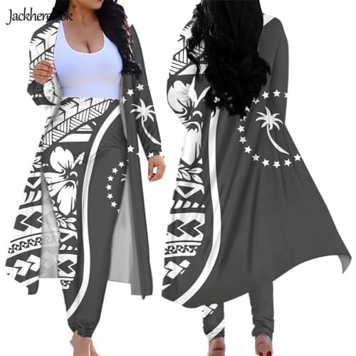 Jackherelook Chuuk Polynesian Tribal Floral Print Women Long Sleeve Open Front Cardigan Set Plus Size 2 Piece Nightclub Outfits
