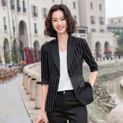 Striped Suit Jacket Women Design 2021 Spring Summer Slim Temperament Quarter Sleeve Blazers Office Lady White