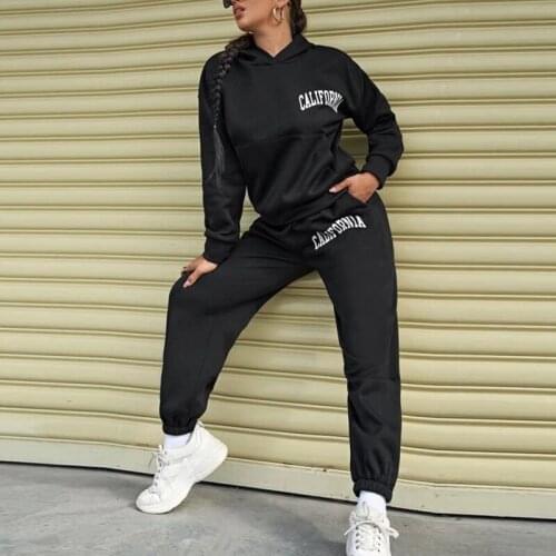 Fleece Long Sleeve Womens Tracksuit Suit Hoodied Trousers Set Woman 2 Pieces 2021 Autumn Winter Letter Print Sportswear Female