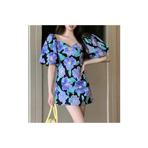 French temperament short skirt female summer 2021 new style shoulder waist slimming puff sleeve flower dress