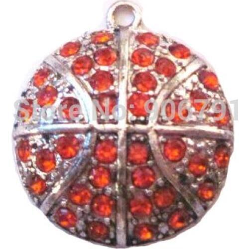 100pcs a lot antique silver studded with sparkling crystal Basketball Orange crystal sports Pendant