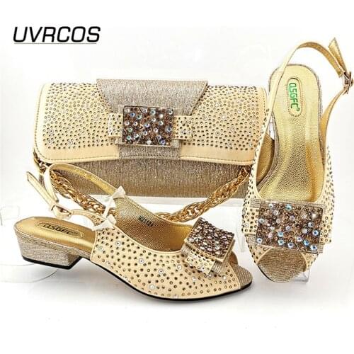 2021 Italian Design Nigerian New Arrival Fashion Golden Color Party High Heels Women Shoes and Bag Set Decorated With Rhinestone