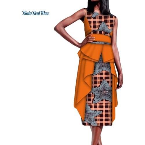 African Dresses for Women Belt Bodycone Bazin Riche Wax Print Patchwork Dresses Dashiki African Style Sleeveless Dresses WY6024