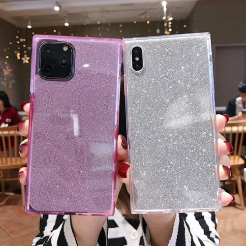 Glitter Square Solid Color Phone Case For iPhone 12 11 Pro Max XR XS Max X 8 7 6 6S Plus Bling Soft Silicone Back Cover Fundas