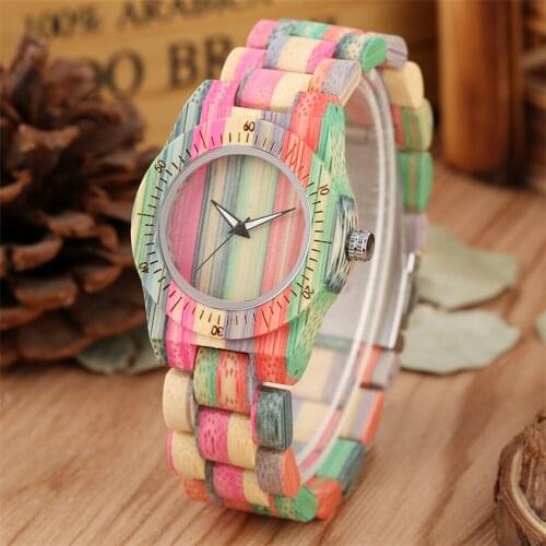 Fabulous Colorful Bamboo Wood Womens Watches Quartz Movement Trendy Simple Lady Wooden Bracelet Wristwatch Folding Clasp Clock