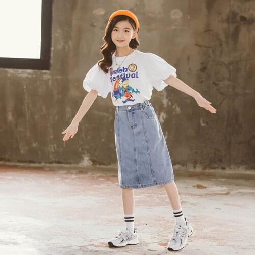 Kids Girls Cartoon Print T-shirt 8 10 years Short Sleeve Cotton Tops Skirt or Teenage Girls 2021 New
