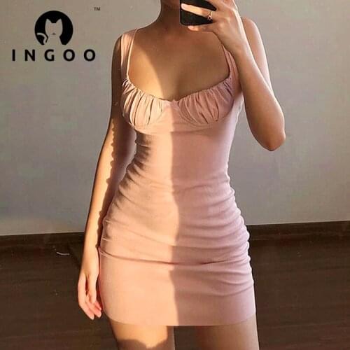 INGOO Bodycon Tank Dresses Women Sexy Party Bust Ruched Sleeveless Sundress Solid Slim Skinny Elegant Black Clubwear Mini Dress