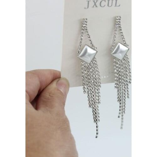 JXCUL Long Tassel Crystal Drop Earrings for Women Pearl Rhinestone Dangle Earrings Weddings Jewelry Gifts Bijoux