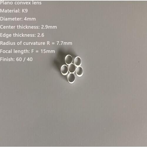 K9 Plano Convex Lens Focusing Imaging Diameter 4mm, Focusing 15mm
