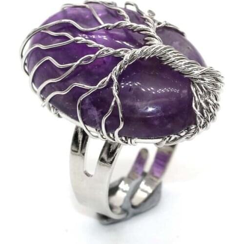 Big Oval Healing Natural Stone Amethysts Pink Quartz Opal Tree Life Wire Wrap Crystal Rings Fashion Women Finger Ring Party Gift