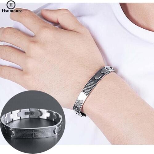 Mens Cross Chain Bracelets Titanium Steel Link Bracelet Jesus Bible Lords Prayer Wristbands ID Bracelet Boyfriend Birthday Gift